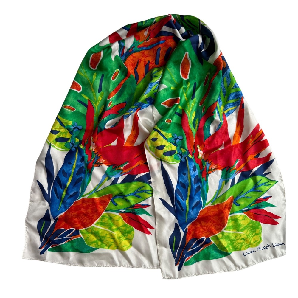 Lauren Ralph Lauren Tropical Floral Silk Scarf White Green Red Blue Botanical